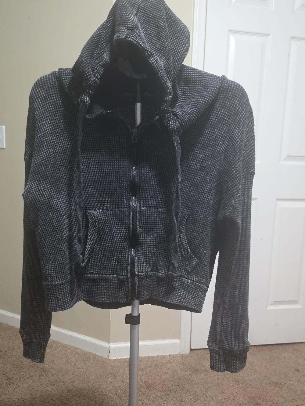 Waffle Knit Hooded Zip-Up Jacket - Gray